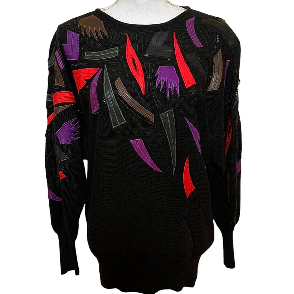 Erez Vintage Sweater with Leather Patches and Beading Size Small